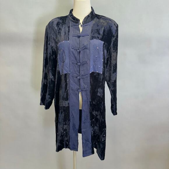 Lolette navy Rayon velour & jacquard mandarin collar tunic top size Large artsy - Picture 1 of 15
